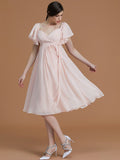 Vestido de dama de honor de gasa fruncida, estilo imperio, con escote corazón, mangas cortas hasta la rodilla, para invitada de boda