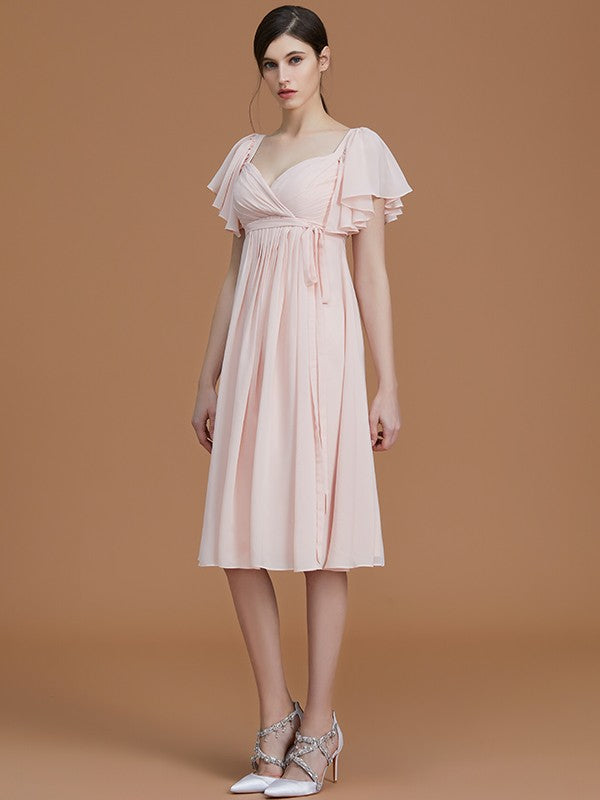 Vestido de dama de honor de gasa fruncida, estilo imperio, con escote corazón, mangas cortas hasta la rodilla, para invitada de boda