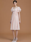 Vestido de dama de honor de gasa fruncida, estilo imperio, con escote corazón, mangas cortas hasta la rodilla, para invitada de boda