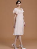 Vestido de dama de honor de gasa fruncida, estilo imperio, con escote corazón, mangas cortas hasta la rodilla, para invitada de boda