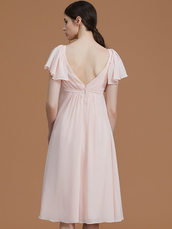 Vestido de dama de honor de gasa fruncida, estilo imperio, con escote corazón, mangas cortas hasta la rodilla, para invitada de boda