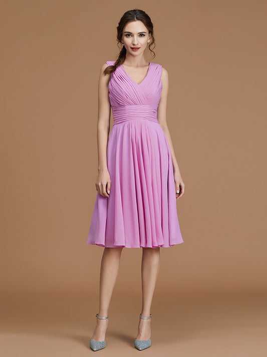 Vestido de dama de honor de gasa fruncida, corto/mini, sin mangas, con escote en V, corte A/princesa, para invitada de boda