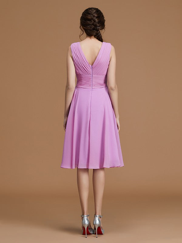 A-Linie/Princess-Linie V-Ausschnitt Ärmellos Kurz/Mini Geraffte Chiffon Brautjungfernkleider Kleid für Hochzeitsgäste