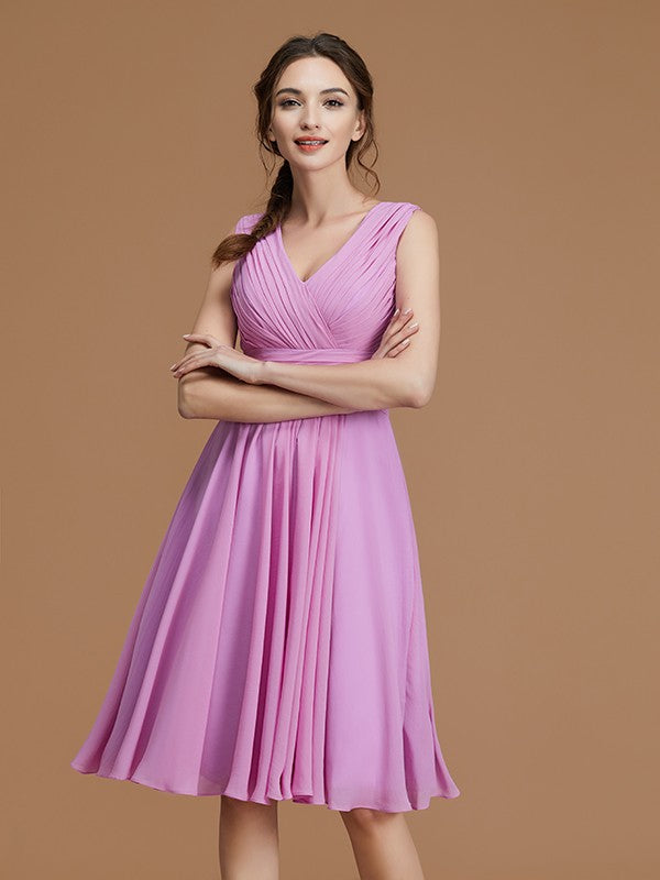 A-Linie/Princess-Linie V-Ausschnitt Ärmellos Kurz/Mini Geraffte Chiffon Brautjungfernkleider Kleid für Hochzeitsgäste