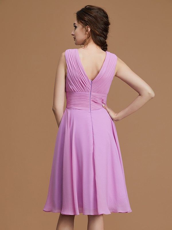 Vestido de dama de honor de gasa fruncida, corto/mini, sin mangas, con escote en V, corte A/princesa, para invitada de boda