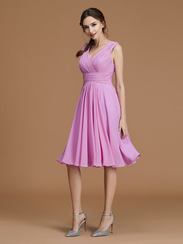 A-Linie/Princess-Linie V-Ausschnitt Ärmellos Kurz/Mini Geraffte Chiffon Brautjungfernkleider Kleid für Hochzeitsgäste