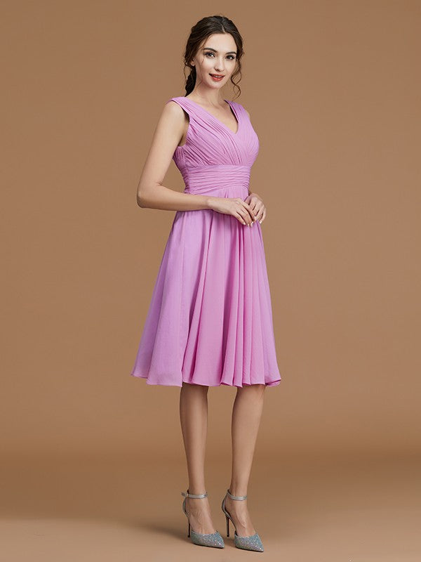 A-Linie/Princess-Linie V-Ausschnitt Ärmellos Kurz/Mini Geraffte Chiffon Brautjungfernkleider Kleid für Hochzeitsgäste