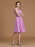 A-Linie/Princess-Linie V-Ausschnitt Ärmellos Kurz/Mini Geraffte Chiffon Brautjungfernkleider Kleid für Hochzeitsgäste