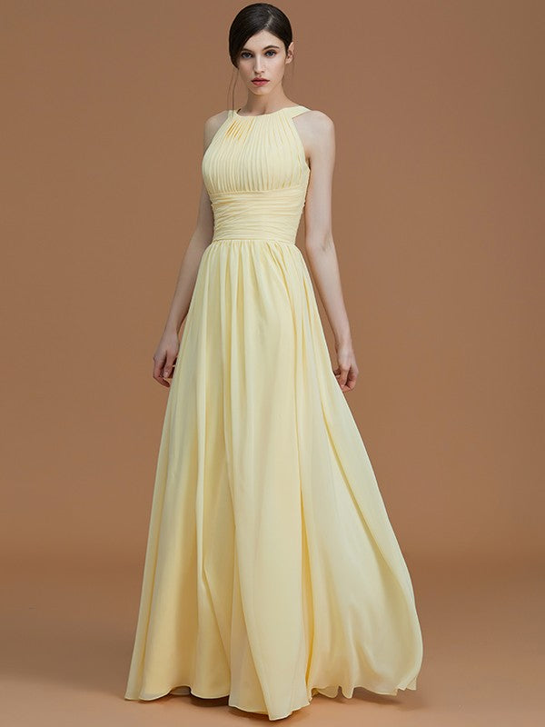 A-Line/Princess Halter Sleeveless Floor-Length Ruched Chiffon Bridesmaid Dresses Wedding Guest Dress