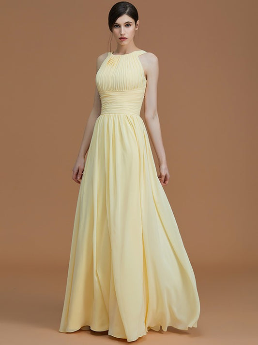 Vestido de dama de honor de gasa fruncida, sin mangas, corte A/princesa, estilo halter, largo hasta el suelo, para invitada de boda
