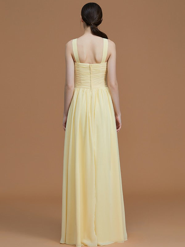 A-Line/Princess Halter Sleeveless Floor-Length Ruched Chiffon Bridesmaid Dresses Wedding Guest Dress