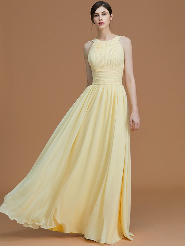 A-Line/Princess Halter Sleeveless Floor-Length Ruched Chiffon Bridesmaid Dresses Wedding Guest Dress