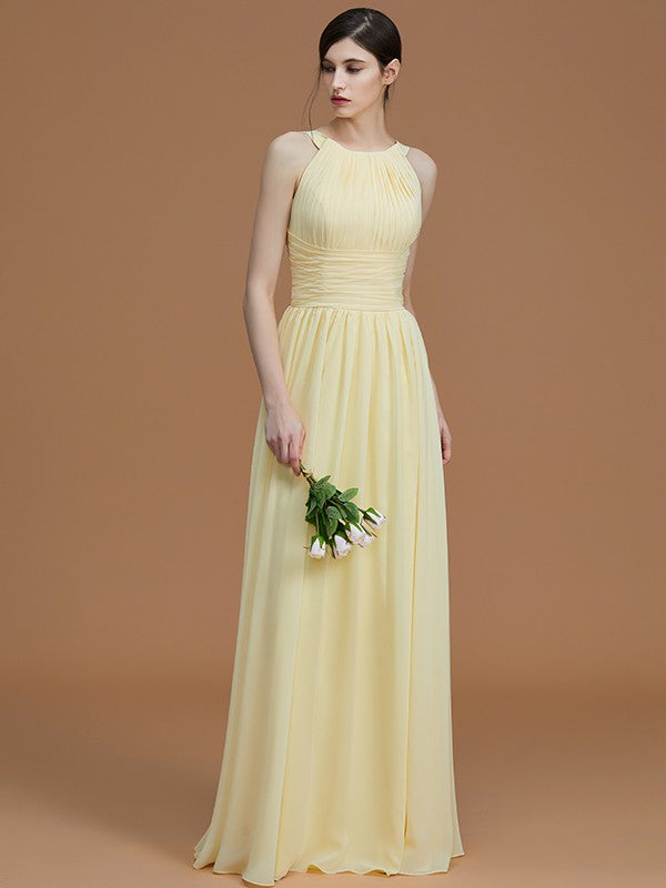 A-Line/Princess Halter Sleeveless Floor-Length Ruched Chiffon Bridesmaid Dresses Wedding Guest Dress