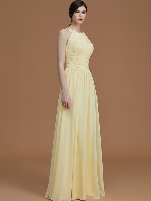 A-Line/Princess Halter Sleeveless Floor-Length Ruched Chiffon Bridesmaid Dresses Wedding Guest Dress