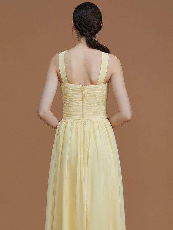 A-Line/Princess Halter Sleeveless Floor-Length Ruched Chiffon Bridesmaid Dresses Wedding Guest Dress