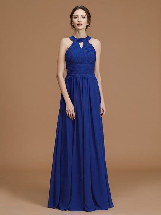 A-Line/Princess Halter Sleeveless Floor-Length Ruched Chiffon Bridesmaid Dresses Evening Prom Dress