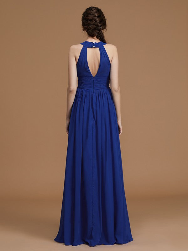 A-Line/Princess Halter Sleeveless Floor-Length Ruched Chiffon Bridesmaid Dresses Evening Prom Dress