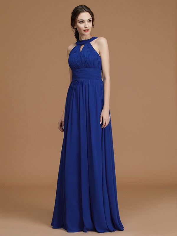 A-Line/Princess Halter Sleeveless Floor-Length Ruched Chiffon Bridesmaid Dresses Evening Prom Dress