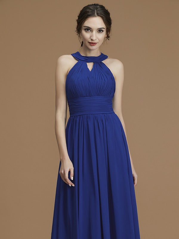 A-Line/Princess Halter Sleeveless Floor-Length Ruched Chiffon Bridesmaid Dresses Evening Prom Dress