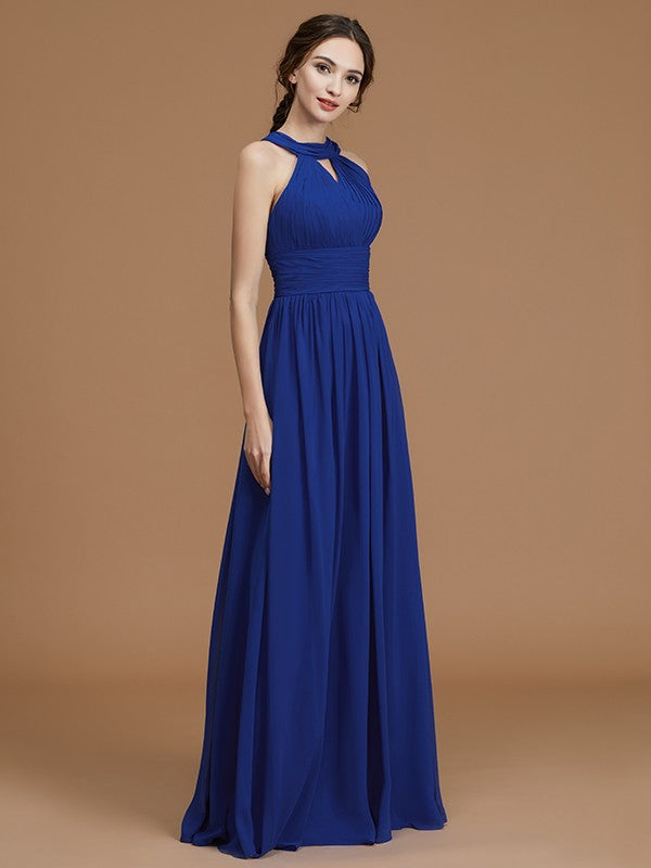A-Line/Princess Halter Sleeveless Floor-Length Ruched Chiffon Bridesmaid Dresses Evening Prom Dress