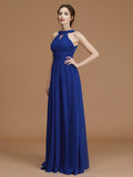 A-Line/Princess Halter Sleeveless Floor-Length Ruched Chiffon Bridesmaid Dresses Evening Prom Dress