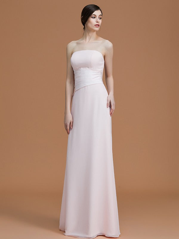 A-Line/Princess Strapless Sleeveless Floor-Length Ruched Chiffon Bridesmaid Dresses Evening Prom Dress
