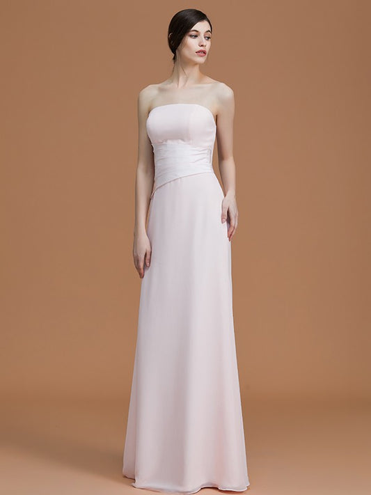 A-Line/Princess Strapless Sleeveless Floor-Length Ruched Chiffon Bridesmaid Dresses Evening Prom Dress