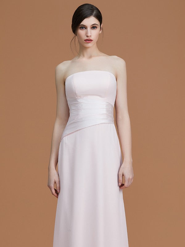 A-Line/Princess Strapless Sleeveless Floor-Length Ruched Chiffon Bridesmaid Dresses Evening Prom Dress