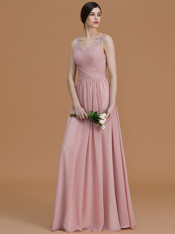 A-Line/Princess V-neck Sleeveless Floor-Length Beading Chiffon Bridesmaid Dresses Evening Prom Dress