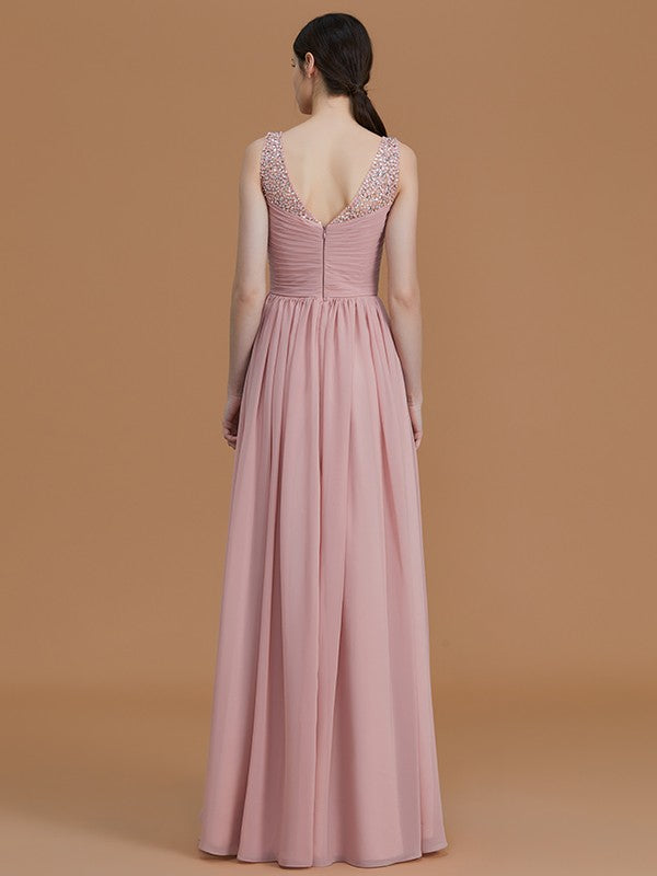 A-Line/Princess V-neck Sleeveless Floor-Length Beading Chiffon Bridesmaid Dresses Evening Prom Dress