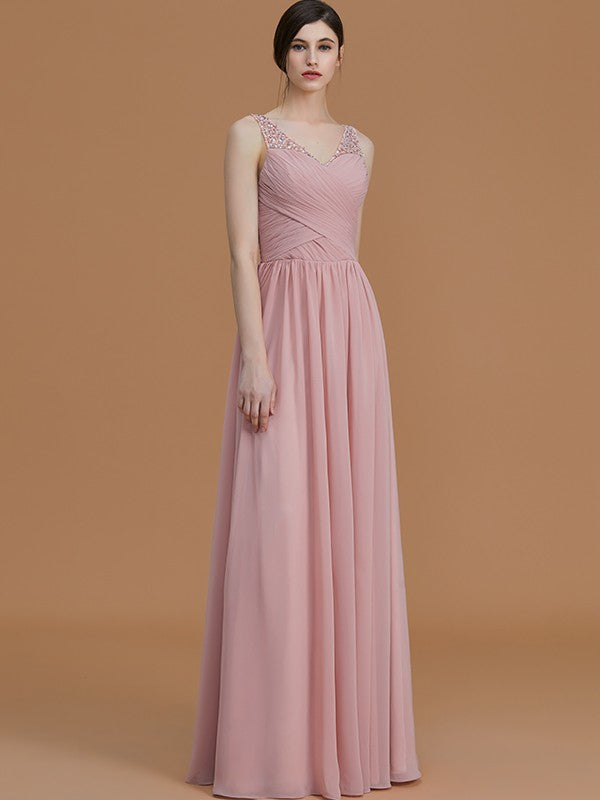 A-Line/Princess V-neck Sleeveless Floor-Length Beading Chiffon Bridesmaid Dresses Evening Prom Dress