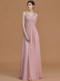 A-Line/Princess V-neck Sleeveless Floor-Length Beading Chiffon Bridesmaid Dresses Evening Prom Dress