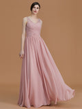 A-Line/Princess V-neck Sleeveless Floor-Length Beading Chiffon Bridesmaid Dresses Evening Prom Dress
