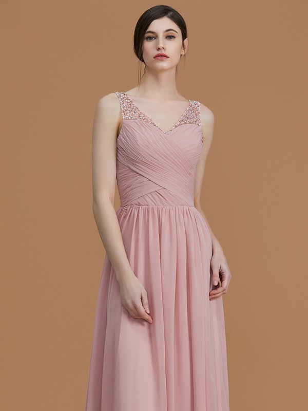 A-Line/Princess V-neck Sleeveless Floor-Length Beading Chiffon Bridesmaid Dresses Evening Prom Dress