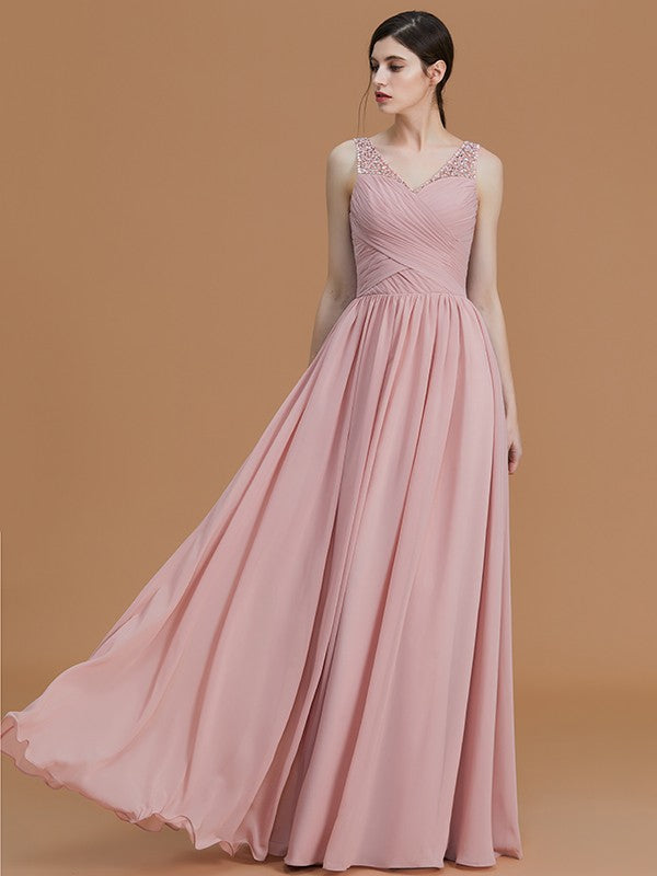 A-Line/Princess V-neck Sleeveless Floor-Length Beading Chiffon Bridesmaid Dresses Evening Prom Dress
