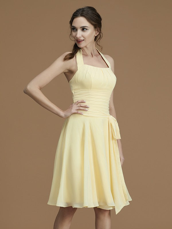 A-Linie/Princess-Linie Neckholder Ärmellos Kurz/Mini Rüschen Chiffon Brautjungfernkleider Kleid für Hochzeitsgäste