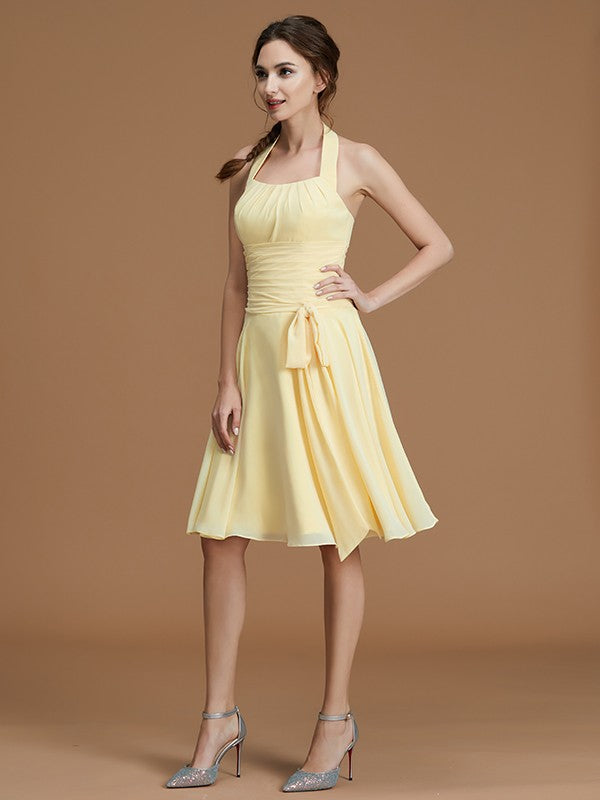 A-Linie/Princess-Linie Neckholder Ärmellos Kurz/Mini Rüschen Chiffon Brautjungfernkleider Kleid für Hochzeitsgäste