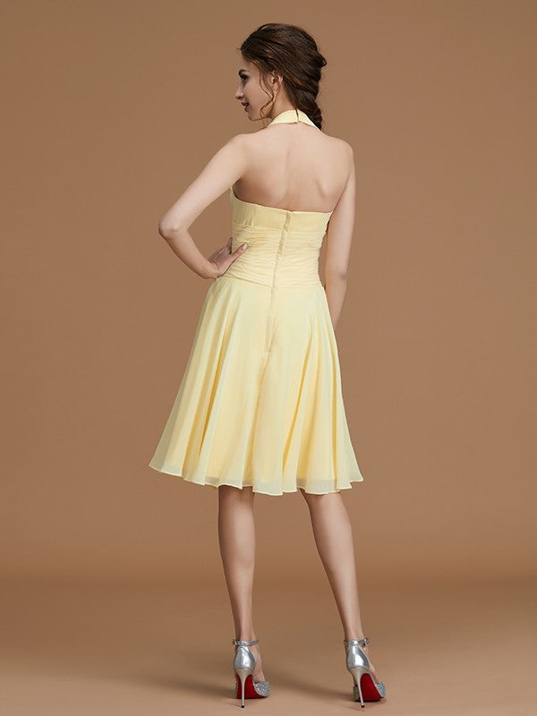 Vestido de dama de honor de gasa con corte A/princesa, cuello halter, sin mangas, corto/mini, con volantes, para invitada de boda