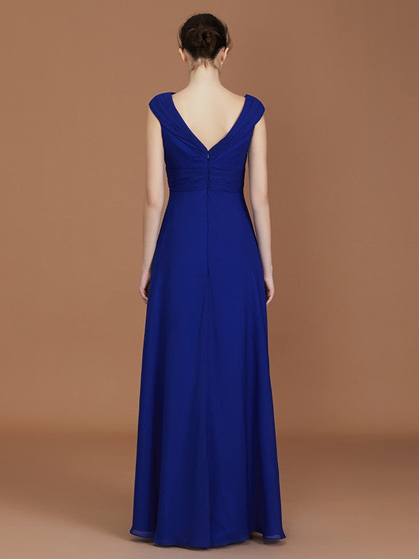 A-Line/Princess V-neck Sleeveless Floor-Length Chiffon Ruffles Bridesmaid Dresses Evening Prom Dress