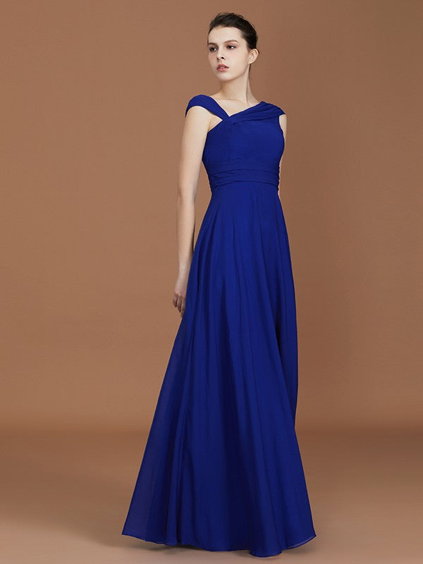 A-Line/Princess V-neck Sleeveless Floor-Length Chiffon Ruffles Bridesmaid Dresses Evening Prom Dress