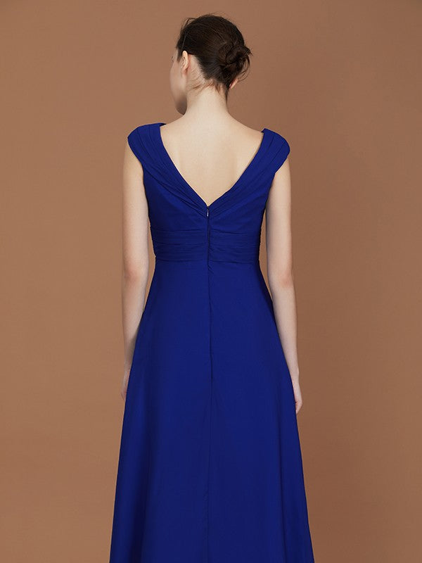 A-Line/Princess V-neck Sleeveless Floor-Length Chiffon Ruffles Bridesmaid Dresses Evening Prom Dress