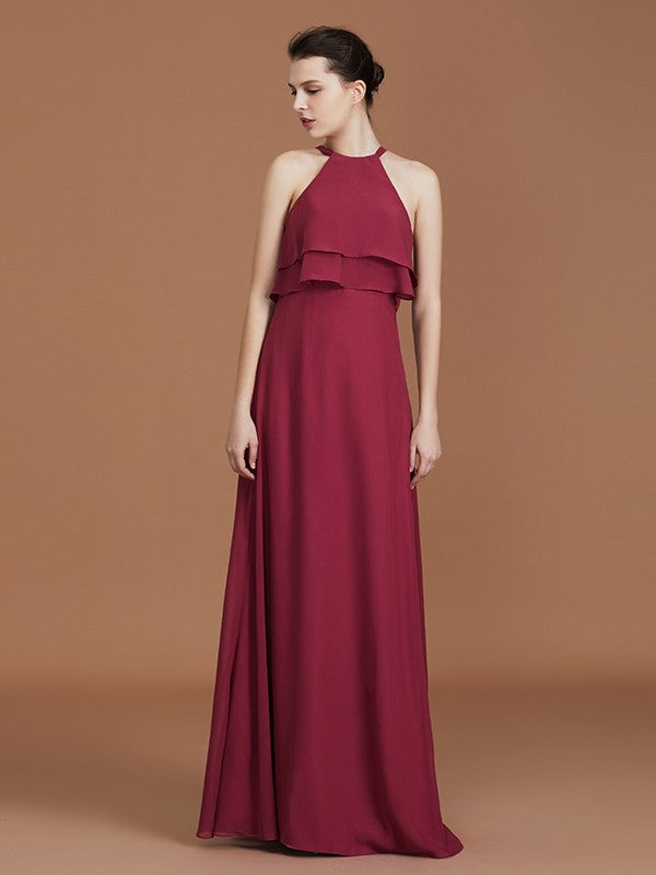 A-Line/Princess Scoop Sleeveless Floor-Length Ruffles Chiffon Bridesmaid Dress Ruffles Evening Dress