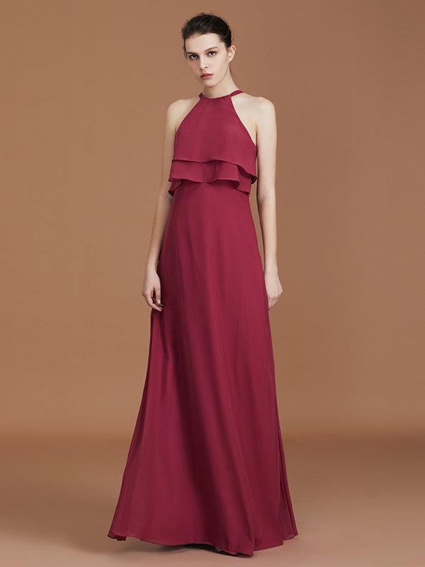 A-Line/Princess Scoop Sleeveless Floor-Length Ruffles Chiffon Bridesmaid Dress Ruffles Evening Dress