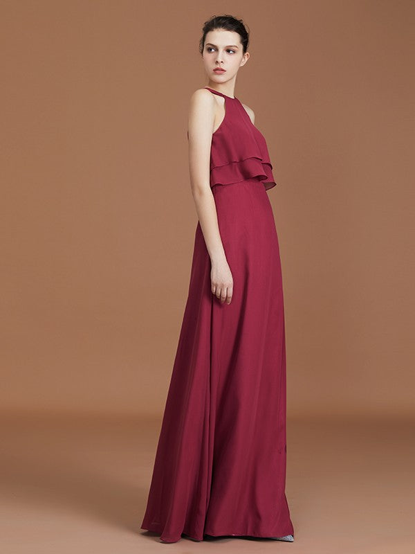 A-Line/Princess Scoop Sleeveless Floor-Length Ruffles Chiffon Bridesmaid Dress Ruffles Evening Dress