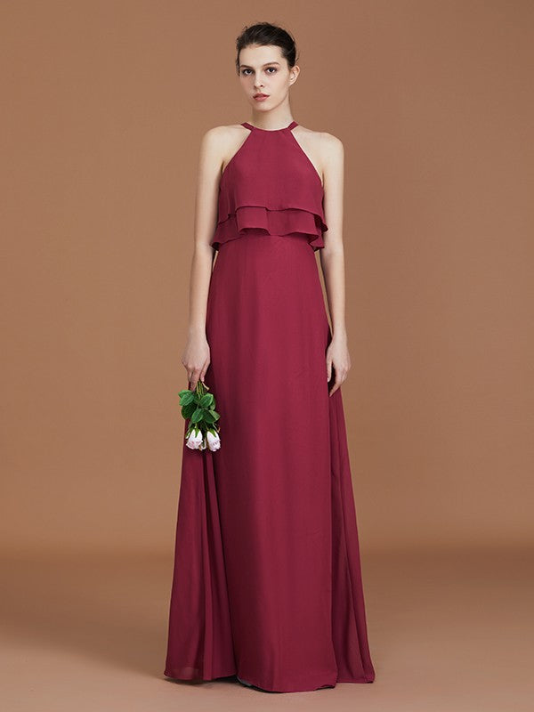 A-Line/Princess Scoop Sleeveless Floor-Length Ruffles Chiffon Bridesmaid Dress Ruffles Evening Dress