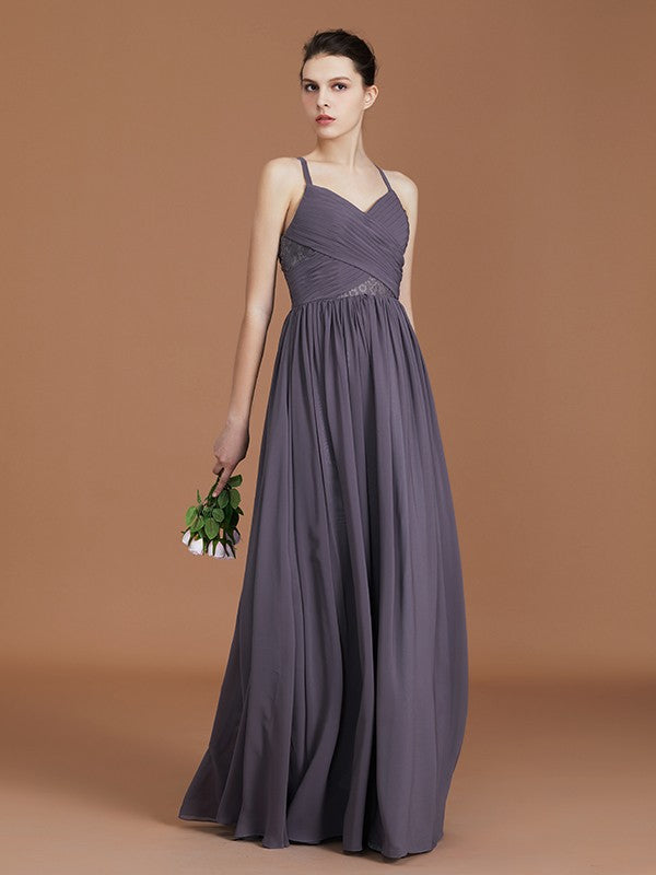 A-Line/Princess Lace Spaghetti Straps Sleeveless Floor-Length Chiffon Bridesmaid Dress Evening Prom Dress