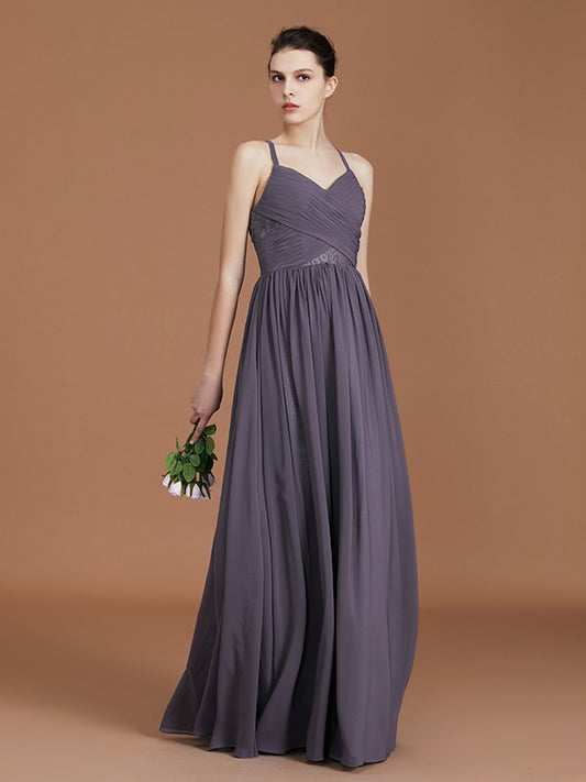A-Line/Princess Lace Spaghetti Straps Sleeveless Floor-Length Chiffon Bridesmaid Dress Evening Prom Dress