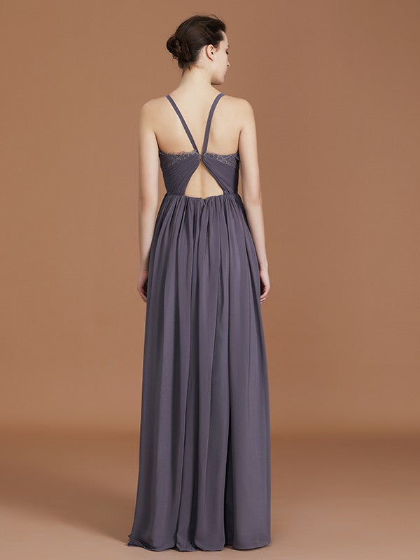 A-Line/Princess Lace Spaghetti Straps Sleeveless Floor-Length Chiffon Bridesmaid Dress Evening Prom Dress