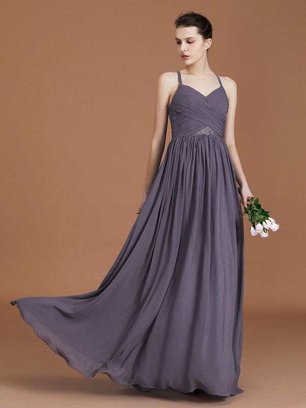 A-Line/Princess Lace Spaghetti Straps Sleeveless Floor-Length Chiffon Bridesmaid Dress Evening Prom Dress