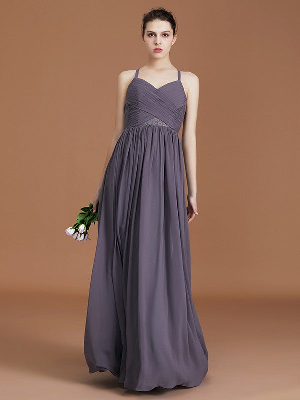 A-Line/Princess Lace Spaghetti Straps Sleeveless Floor-Length Chiffon Bridesmaid Dress Evening Prom Dress
